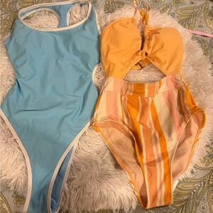 Small One-Piece Swimsuit Set - Blue and Yellow Stripe